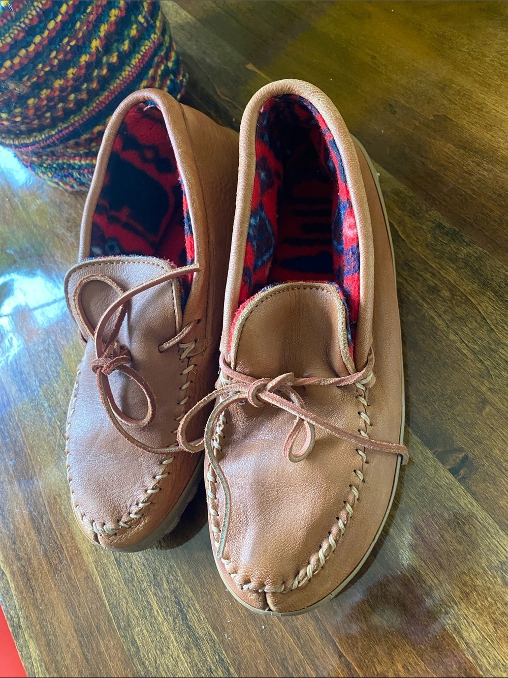 L.L. Bean Tan Leather Moccasin Loafers with Red Patterned Lining